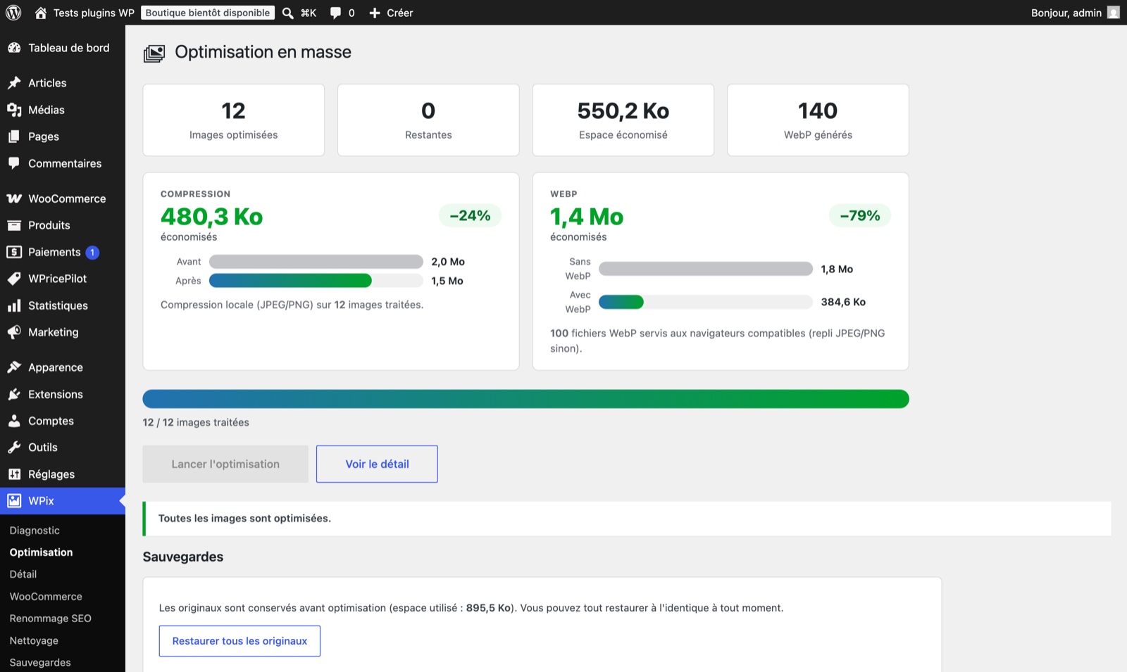 Écran d'optimisation en masse de WPix : 12 images optimisées, 480 Ko économisés en compression (−24 %), 1,4 Mo économisés en WebP (−79 %), sauvegardes des originaux restaurables.