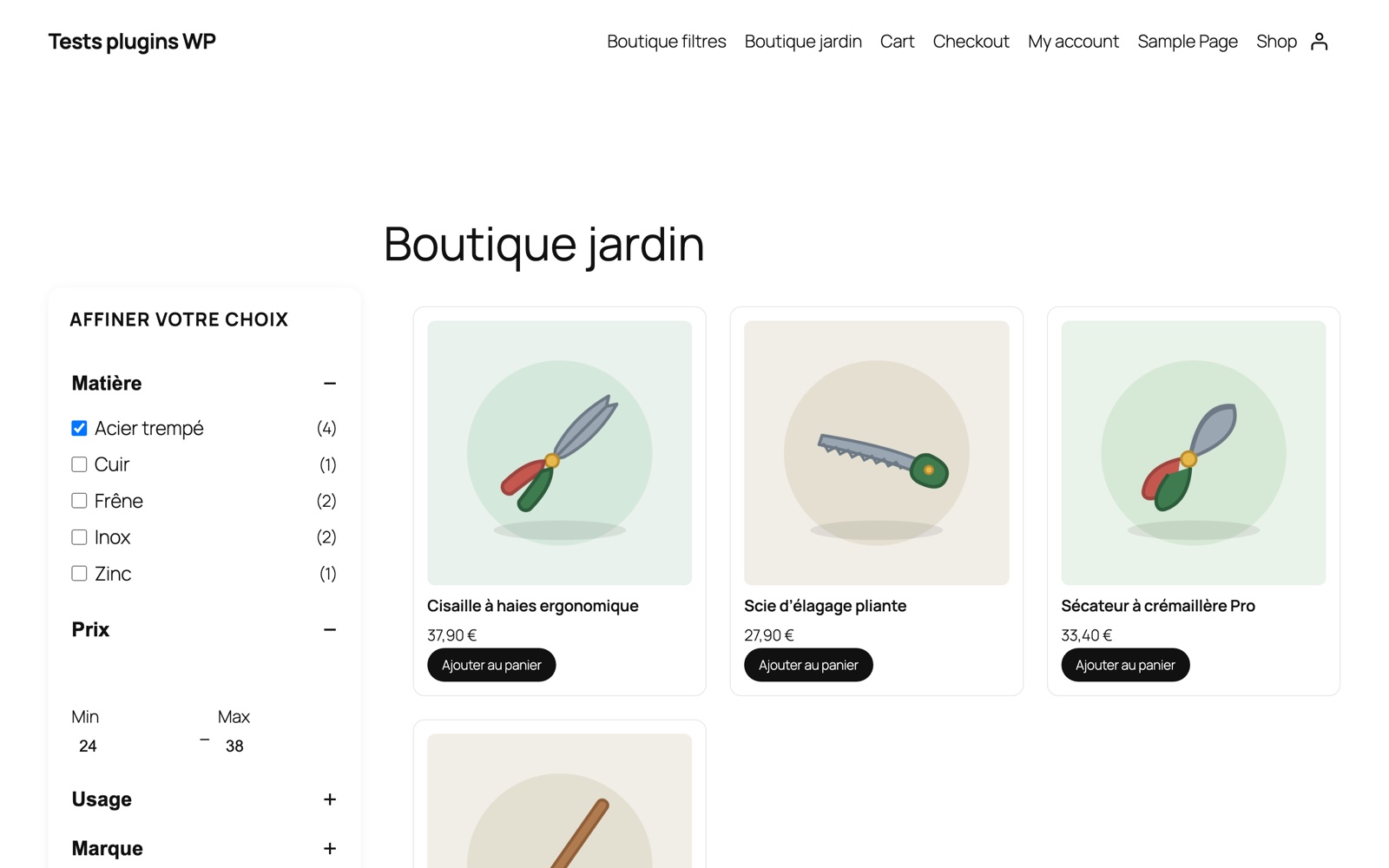 Boutique WooCommerce avec WProductFilter : filtre Matière « Acier trempé » coché, compteurs de facettes recalculés, 4 produits de jardinage affichés sans rechargement.