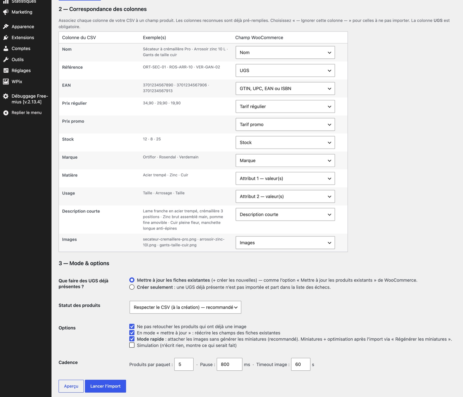 Écran de correspondance des colonnes de WProductImport : colonnes Nom, UGS, EAN, tarifs, stock, marque, attributs et images pré-associées, avec exemples de valeurs et options d'import.